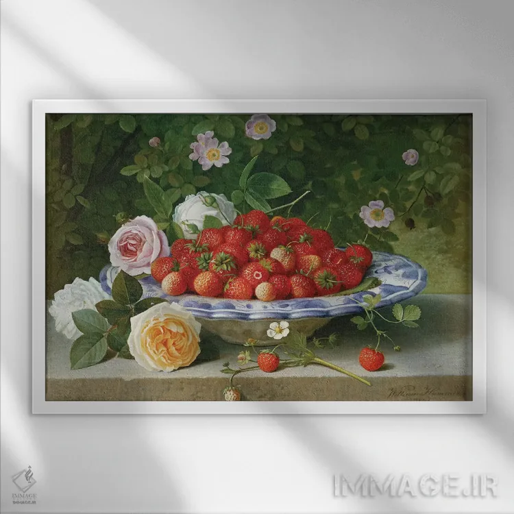 تابلو 1871,توتفرنگی در بشقاب آبیوسفید همراه با گل رز و نسترن روی طاقچه، ۱۸۷۱ اثر ویلیام هامر - نمای قابدار سفید