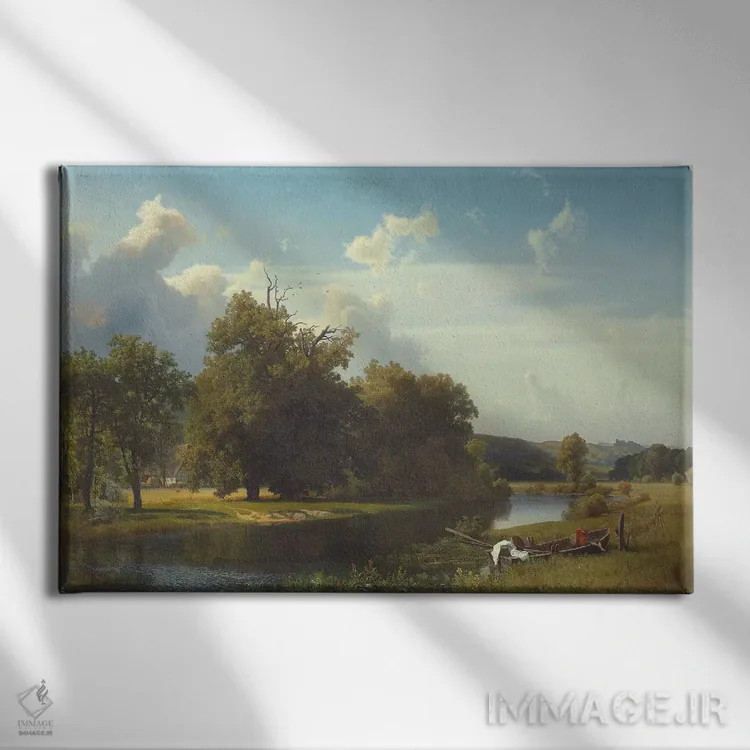 تابلو Westphalia, 1855,منظره رودخانه، وستفالن، ۱۸۵۵ اثر آلبرت بیرشتات (نقاش منظره آمریکایی) - نمای روبهرو روی دیوار