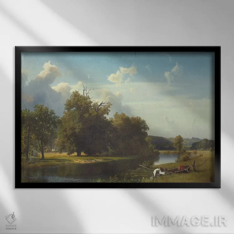 تابلو Westphalia, 1855,منظره رودخانه، وستفالن، ۱۸۵۵ اثر آلبرت بیرشتات (نقاش منظره آمریکایی) - نمای قابدار مشکی