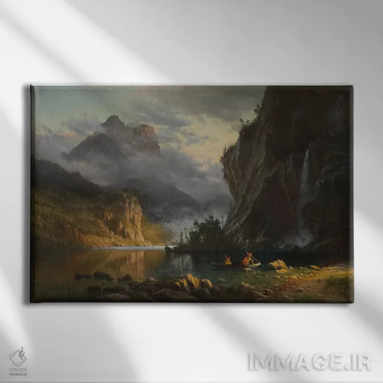 تابلو 1862,بومیان آمریکا در حال ماهیگیری با نیزه، ۱۸۶۲ اثر آلبرت بیرشتات (نقاش منظره آمریکایی) - نمای روبهرو روی دیوار