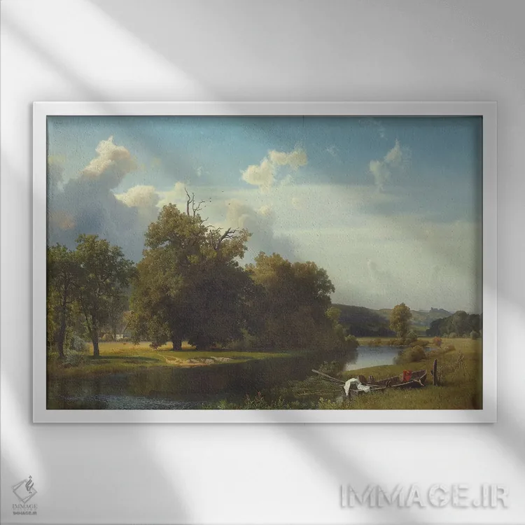 تابلو Westphalia, 1855,منظره رودخانه، وستفالن، ۱۸۵۵ اثر آلبرت بیرشتات (نقاش منظره آمریکایی) - نمای قابدار سفید