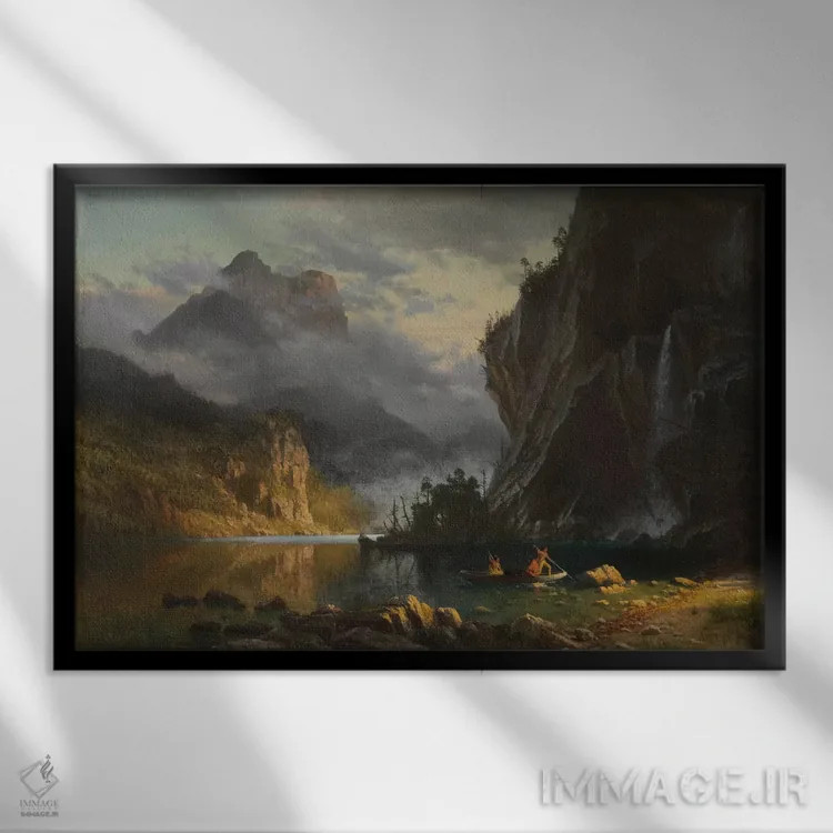 تابلو 1862,بومیان آمریکا در حال ماهیگیری با نیزه، ۱۸۶۲ اثر آلبرت بیرشتات (نقاش منظره آمریکایی) - نمای قابدار مشکی