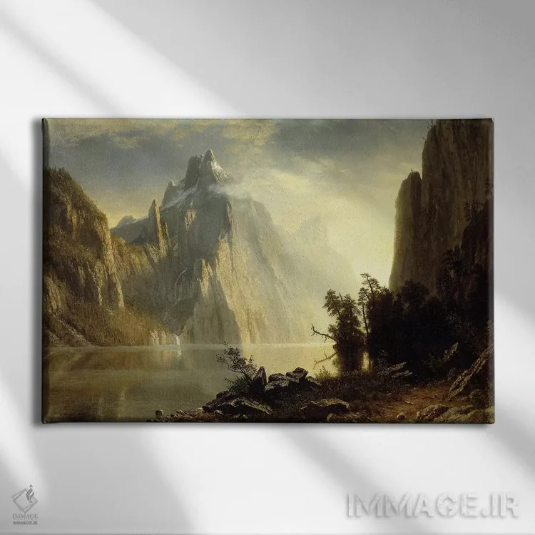 تابلو 1867,دریاچهای در سیرا نوادا، ۱۸۶۷ اثر آلبرت بیرشتات (نقاش منظره آمریکایی) - نمای روبهرو روی دیوار