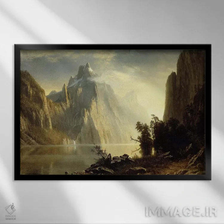 تابلو 1867,دریاچهای در سیرا نوادا، ۱۸۶۷ اثر آلبرت بیرشتات (نقاش منظره آمریکایی) - نمای قابدار مشکی