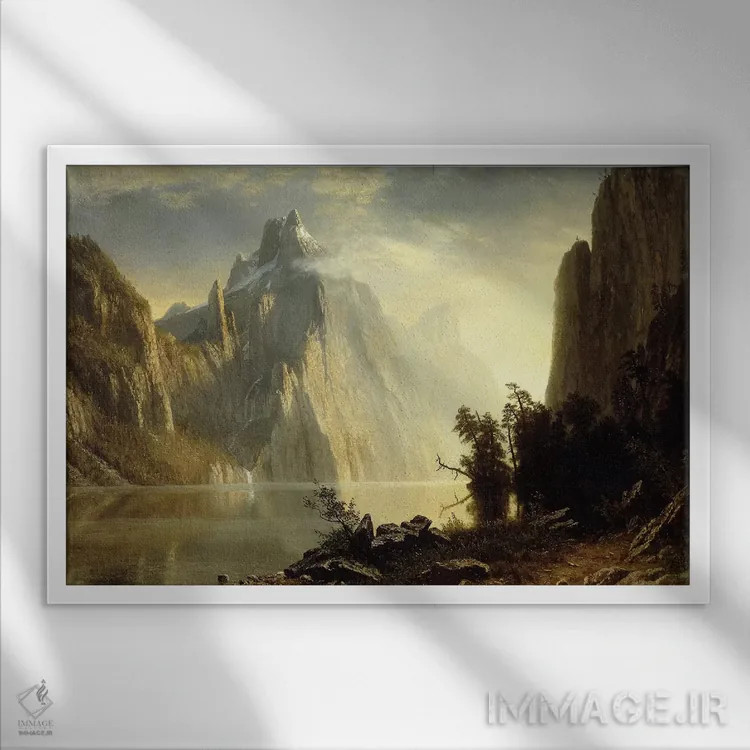 تابلو 1867,دریاچهای در سیرا نوادا، ۱۸۶۷ اثر آلبرت بیرشتات (نقاش منظره آمریکایی) - نمای قابدار سفید