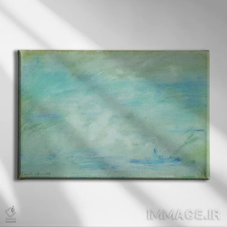 تابلو haze effect; Bateau sur la Tamise, effet de brume, 1901,قایق روی رودخانه تیمز، اثر مه، ۱۹۰۱ اثر کلود مونه (نقاش معروف فرانسوی) - نمای روبهرو روی دیوار