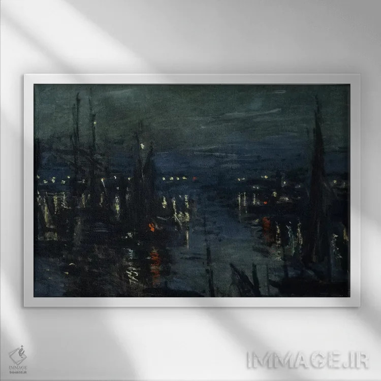 تابلو Night Effect (Le Port de Havre, effet du Nuit), 1873,بندر لو آور، جلوه شبانه، ۱۸۷۳ اثر کلود مونه (نقاش معروف فرانسوی) - نمای قابدار سفید