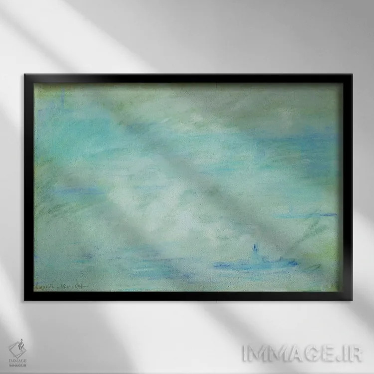 تابلو haze effect; Bateau sur la Tamise, effet de brume, 1901,قایق روی رودخانه تیمز، اثر مه، ۱۹۰۱ اثر کلود مونه (نقاش معروف فرانسوی) - نمای قابدار مشکی
