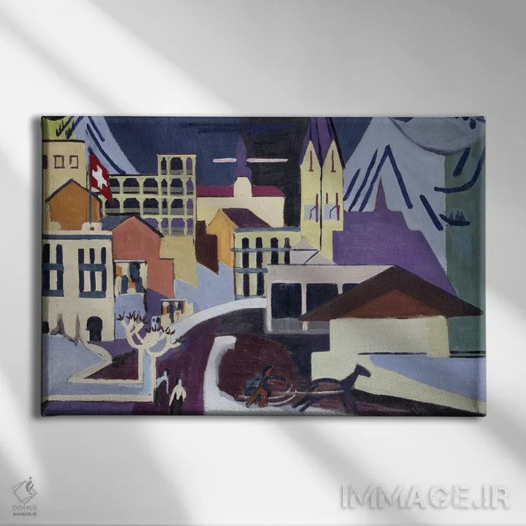 تابلو 1931,ایستگاه راهآهن داووس-پلاتز، ۱۹۳۱ اثر ارنست لودویگ کیرشنر (نقاش اکسپرسیونیست آلمانی) - نمای روبهرو روی دیوار