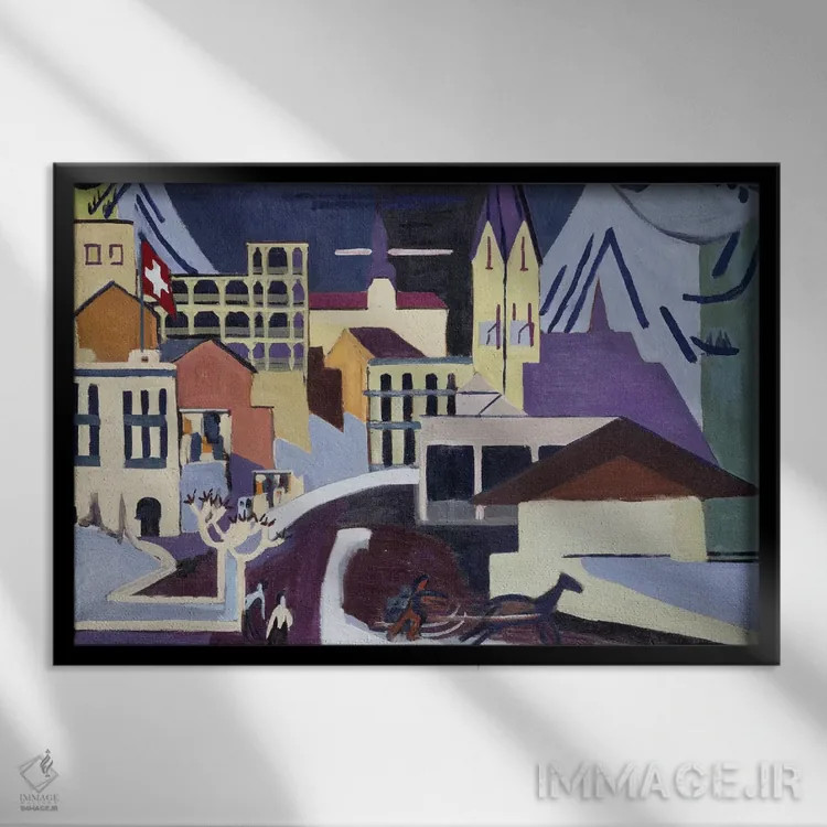 تابلو 1931,ایستگاه راهآهن داووس-پلاتز، ۱۹۳۱ اثر ارنست لودویگ کیرشنر (نقاش اکسپرسیونیست آلمانی) - نمای قابدار مشکی