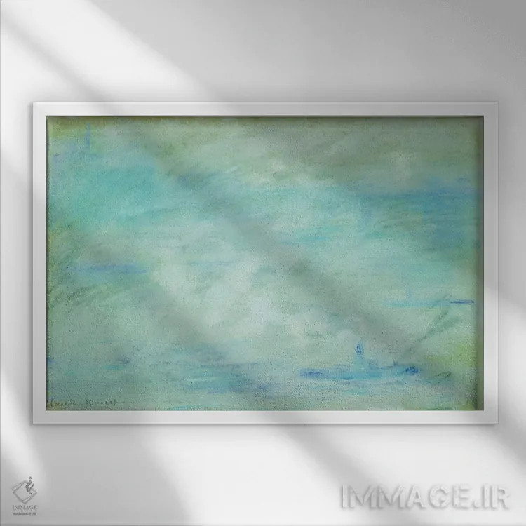 تابلو haze effect; Bateau sur la Tamise, effet de brume, 1901,قایق روی رودخانه تیمز، اثر مه، ۱۹۰۱ اثر کلود مونه (نقاش معروف فرانسوی) - نمای قابدار سفید