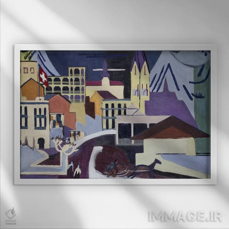 تابلو 1931,ایستگاه راهآهن داووس-پلاتز، ۱۹۳۱ اثر ارنست لودویگ کیرشنر (نقاش اکسپرسیونیست آلمانی) - نمای قابدار سفید