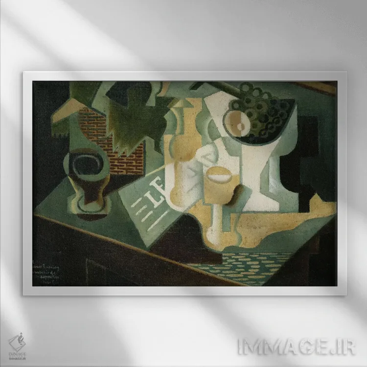 تابلو 1919,میز در مقابل ساختمان، ۱۹۱۹ اثر خوان گрис (نقاش کوبیست اسپانیایی) - نمای قابدار سفید
