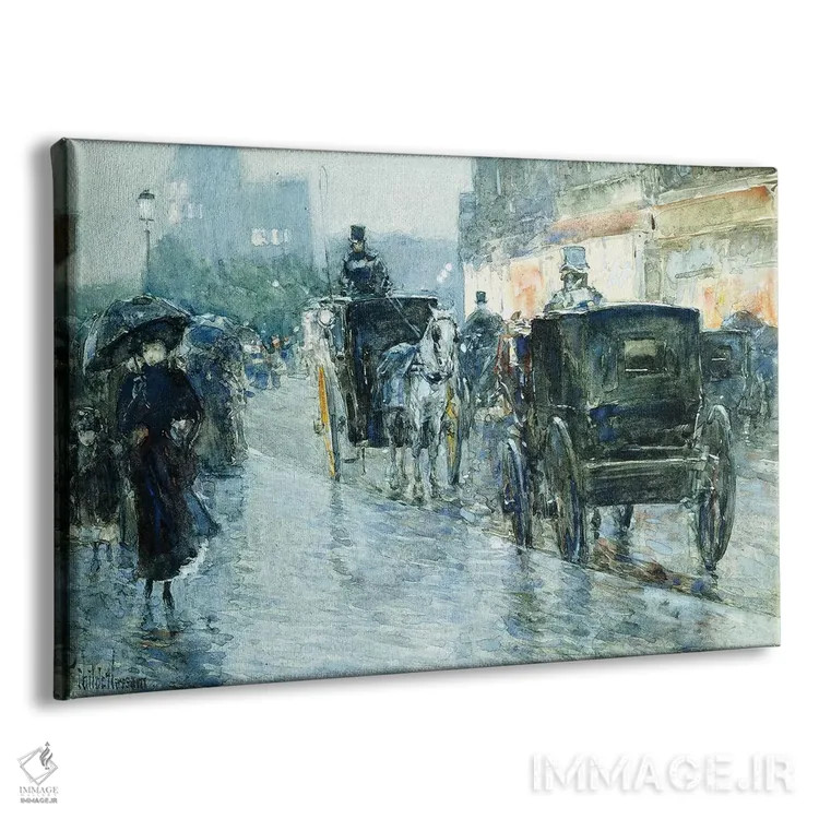 تابلو New York,کالسکههای اسبی در عصر، نیویورک اثر چایلد هسام (نقاش امپرسیونیست آمریکایی) - نمای پرسپکتیو محصول