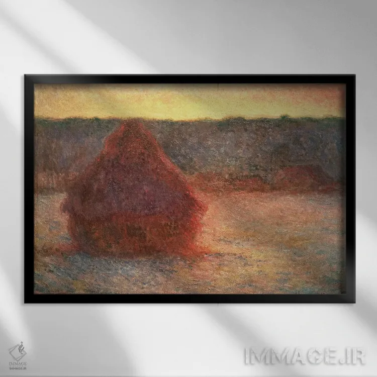 تابلو Frosty Weather, 1891,خرمنها در غروب، هوای سرد، ۱۸۹۱ اثر کلود مونه (نقاش معروف فرانسوی) - نمای قابدار مشکی