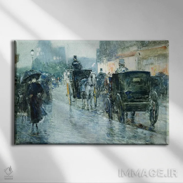 تابلو New York,کالسکههای اسبی در عصر، نیویورک اثر چایلد هسام (نقاش امپرسیونیست آمریکایی) - نمای روبهرو روی دیوار