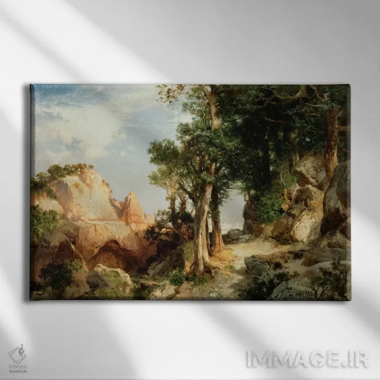 تابلو در مسیر تمشک اثر توماس موران (نقاش منظره آمریکایی) - نمای روبهرو روی دیوار