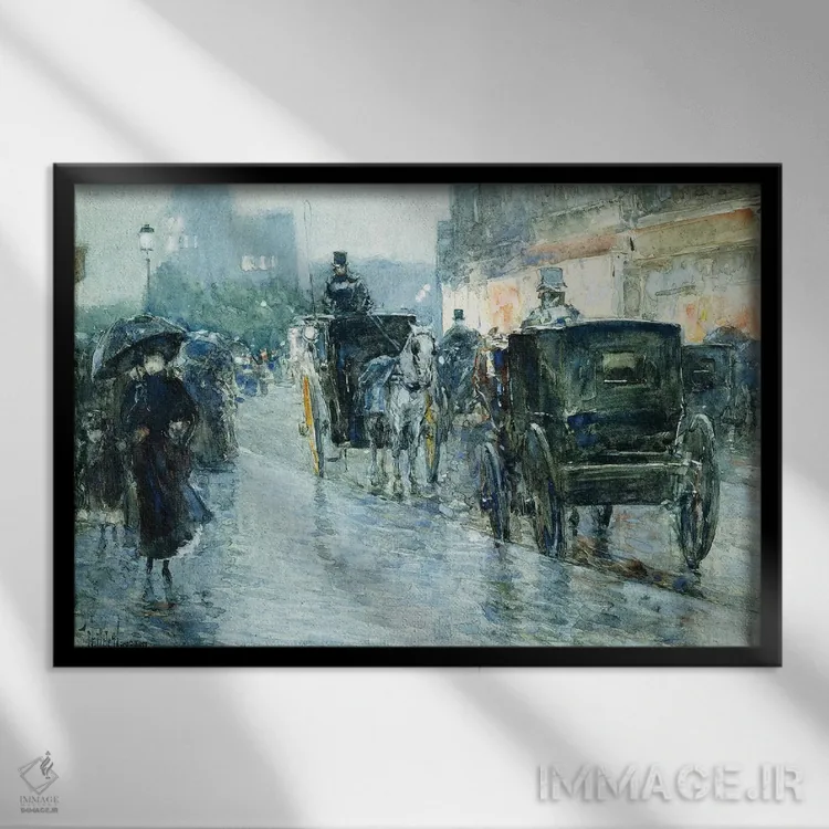 تابلو New York,کالسکههای اسبی در عصر، نیویورک اثر چایلد هسام (نقاش امپرسیونیست آمریکایی) - نمای قابدار مشکی