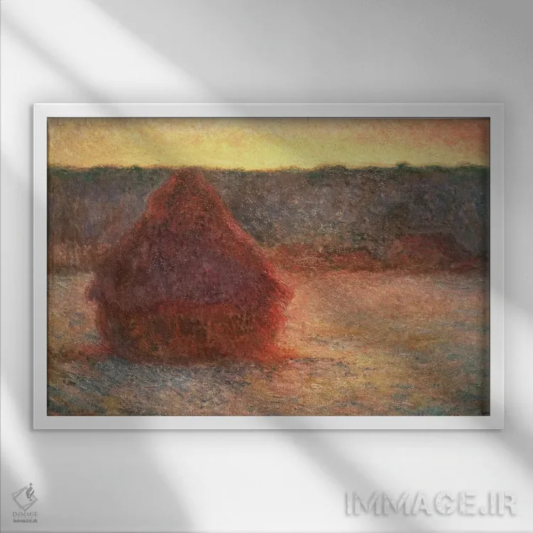 تابلو Frosty Weather, 1891,خرمنها در غروب، هوای سرد، ۱۸۹۱ اثر کلود مونه (نقاش معروف فرانسوی) - نمای قابدار سفید