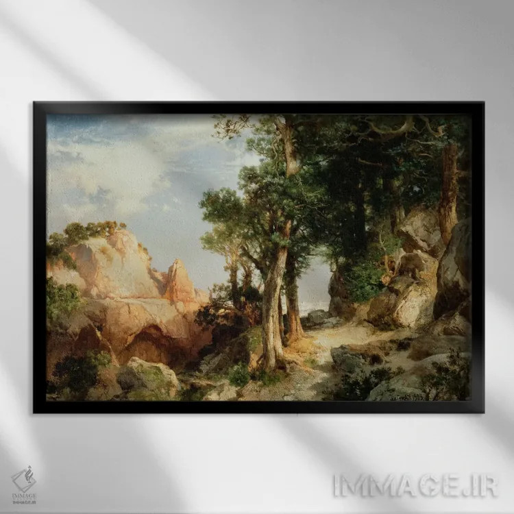 تابلو در مسیر تمشک اثر توماس موران (نقاش منظره آمریکایی) - نمای قابدار مشکی