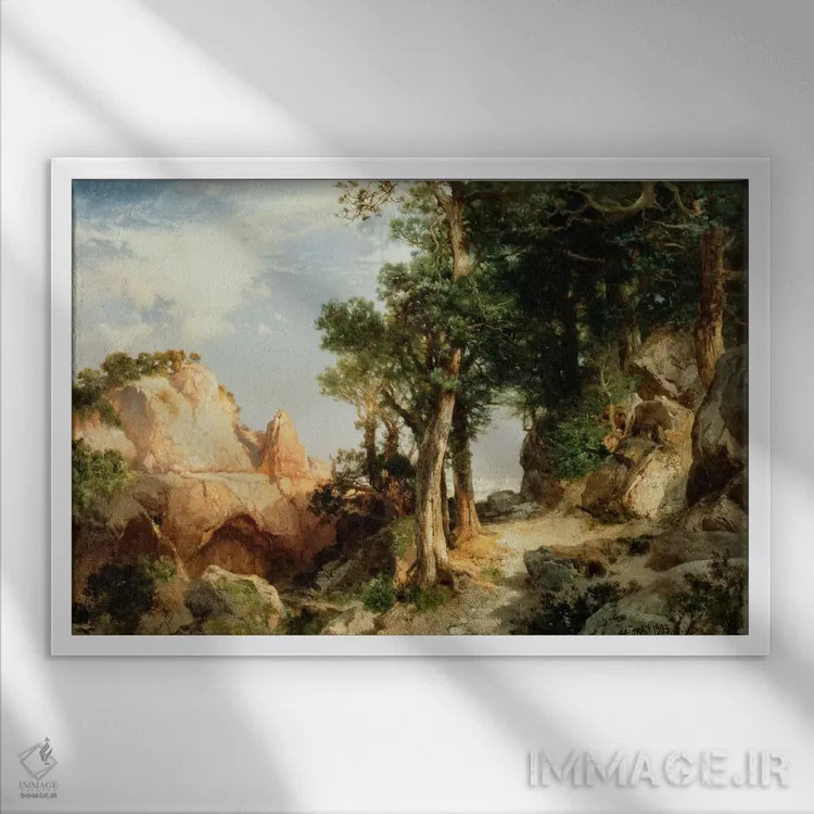 تابلو در مسیر تمشک اثر توماس موران (نقاش منظره آمریکایی) - نمای قابدار سفید