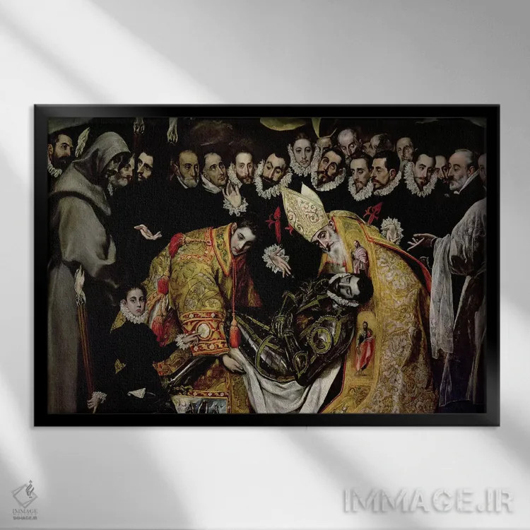 تابلو The Burial Of Count Orgaz (Illustration of a Local Legend), 1586-88،نیمه پایین با جزئیات، خاکسپاری کنت اورگاز (تصویری از افسانه بومی)، ۱۵۸۶–۱۵۸۸ اثر ال گرکو (نقاش یونانی-اسپانیایی) - نمای قابدار مشکی
