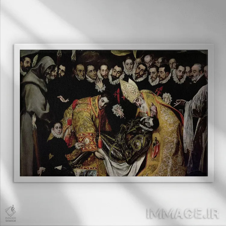 تابلو The Burial Of Count Orgaz (Illustration of a Local Legend), 1586-88،نیمه پایین با جزئیات، خاکسپاری کنت اورگاز (تصویری از افسانه بومی)، ۱۵۸۶–۱۵۸۸ اثر ال گرکو (نقاش یونانی-اسپانیایی) - نمای قابدار سفید