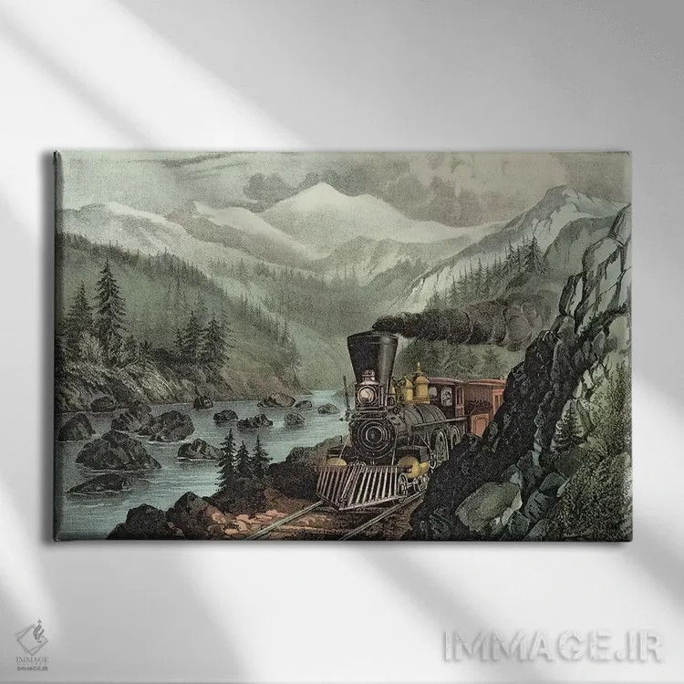 تابلو جاده به کالیفرنیا. رودخانه تراکی، سیرا نوادا. راهآهن مرکزی پاسیفیک، ۱۸۷۱ اثر ان. کریر (نقاش/آرشیویست) - نمای روبهرو روی دیوار