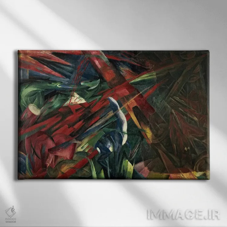 تابلو سرنوشت حیوانات، ۱۹۱۳ اثر فرانتس مارک (نقاش اکسپرسیونیست آلمانی) - نمای روبهرو روی دیوار