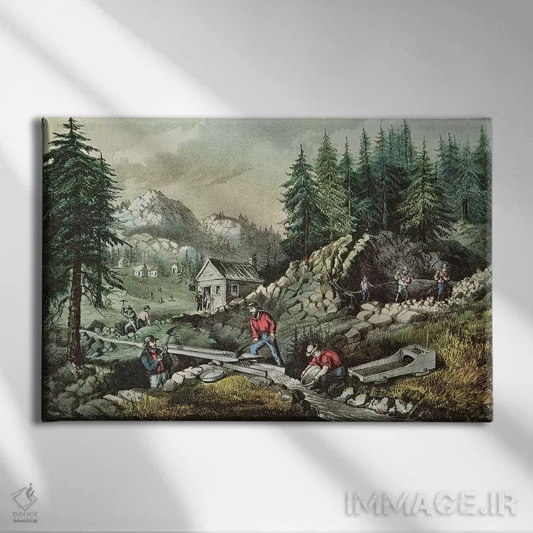 تابلو استخراج طلا در کالیفرنیا، ۱۸۷۱ اثر ان. کریر (نقاش/آرشیویست) - نمای روبهرو روی دیوار