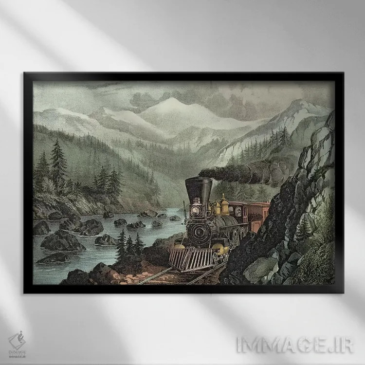 تابلو جاده به کالیفرنیا. رودخانه تراکی، سیرا نوادا. راهآهن مرکزی پاسیفیک، ۱۸۷۱ اثر ان. کریر (نقاش/آرشیویست) - نمای قابدار مشکی