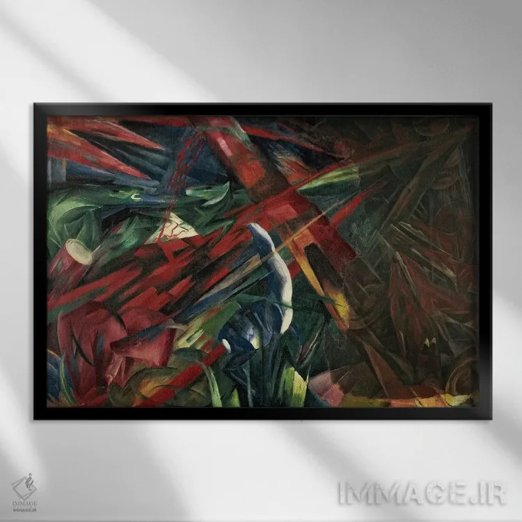 تابلو سرنوشت حیوانات، ۱۹۱۳ اثر فرانتس مارک (نقاش اکسپرسیونیست آلمانی) - نمای قابدار مشکی