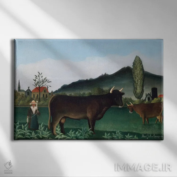 تابلو منظره با گاو، ۱۸۸۶ اثر آنری روسو - نمای روبهرو روی دیوار