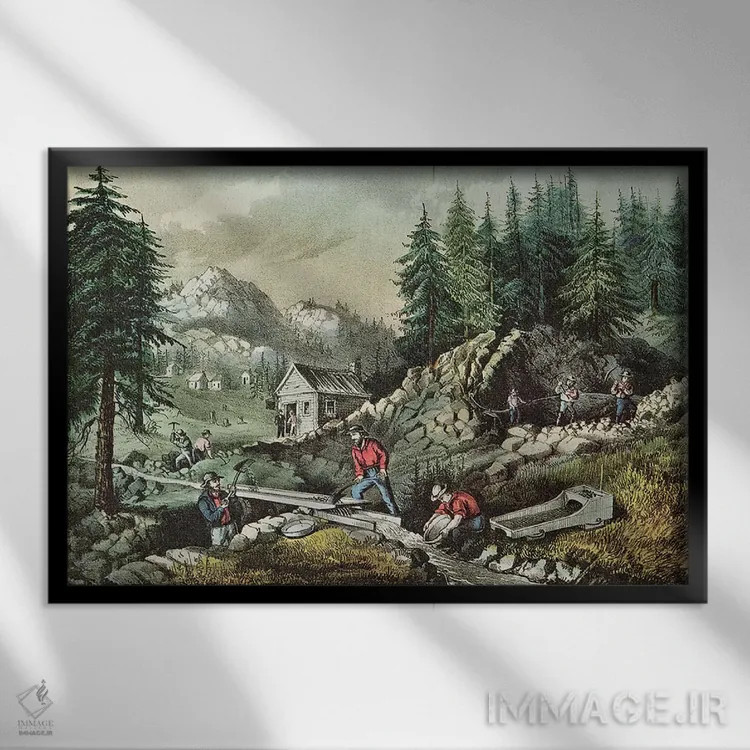 تابلو استخراج طلا در کالیفرنیا، ۱۸۷۱ اثر ان. کریر (نقاش/آرشیویست) - نمای قابدار مشکی