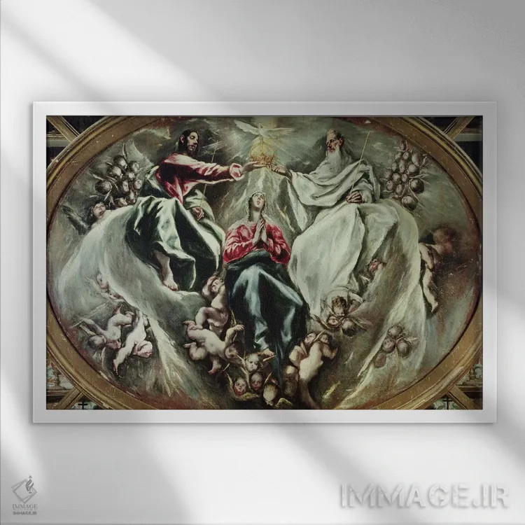 تابلو تاجگذاری مریم مقدس، ۱۵۹۷-۱۶۰۳ (بیمارستان لا کاریداد) اثر ال گرکو (نقاش یونانی-اسپانیایی) - نمای قابدار سفید