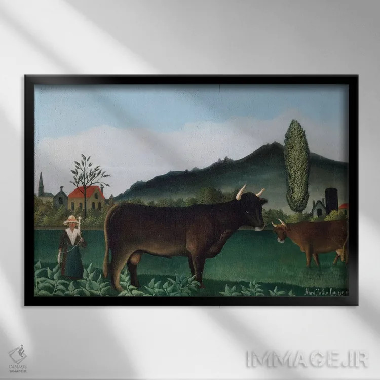 تابلو منظره با گاو، ۱۸۸۶ اثر آنری روسو - نمای قابدار مشکی