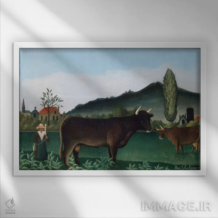 تابلو منظره با گاو، ۱۸۸۶ اثر آنری روسو - نمای قابدار سفید