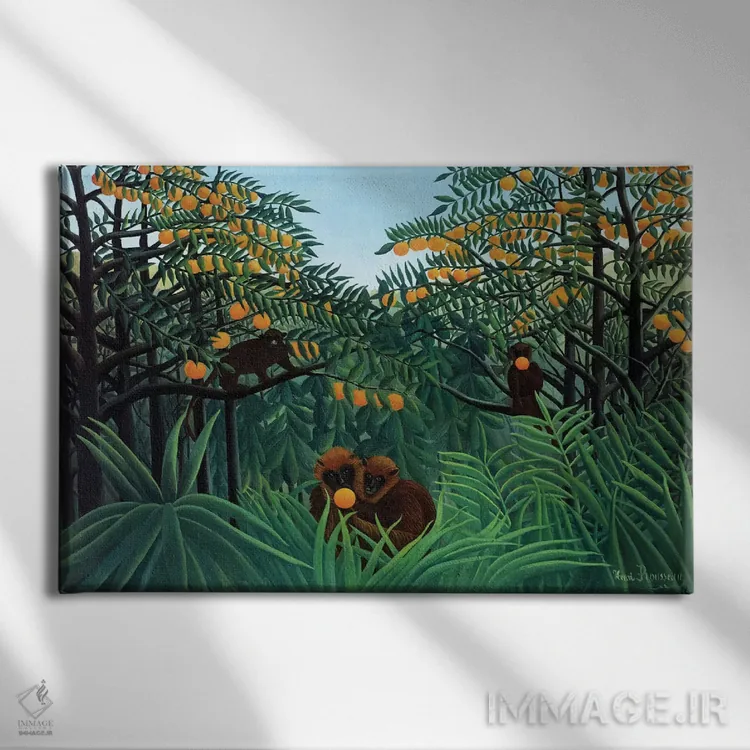 تابلو میمونها در جنگل، ۱۹۱۰ اثر آنری روسو - نمای روبهرو روی دیوار