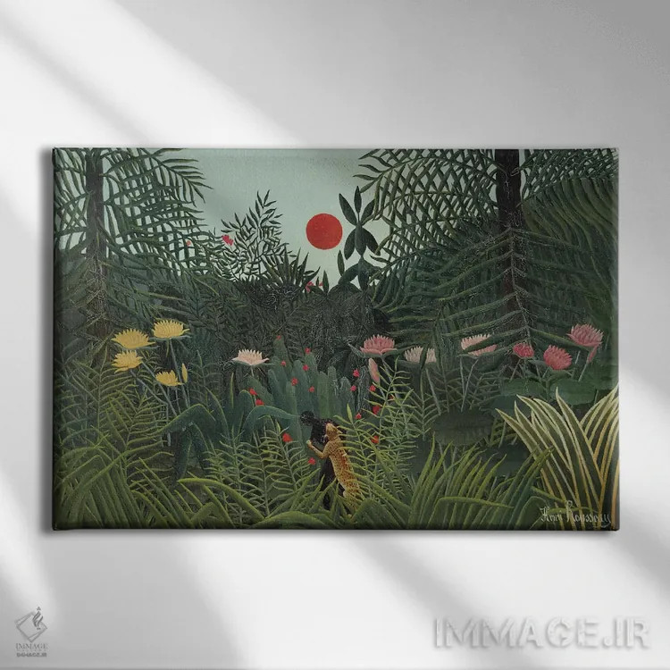 تابلو حمله یوزپلنگ (غروب جنگل)، ۱۹۱۰ اثر آنری روسو - نمای روبهرو روی دیوار