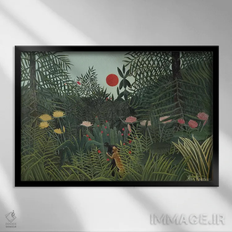 تابلو حمله یوزپلنگ (غروب جنگل)، ۱۹۱۰ اثر آنری روسو - نمای قابدار مشکی