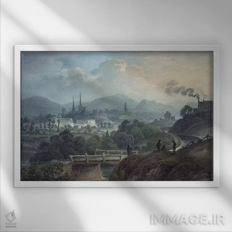 تابلو نمای شروزبری از آن سوی رود سوِرن اثر مکتب انگلیسی (سبک یا جنبش هنری) - نمای قابدار سفید