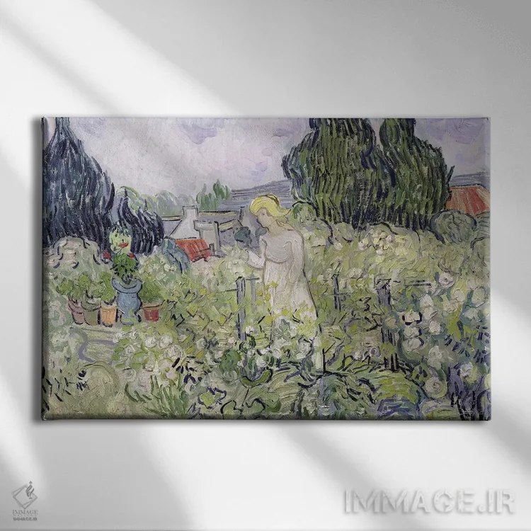 تابلو دوشیزه گاشه در باغ خود در اوور-سور-اواز، ۱۸۹۰ اثر ونسان ون گوگ (نقاش مشهور هلندی پستامپرسیونیسم) - نمای روبهرو روی دیوار