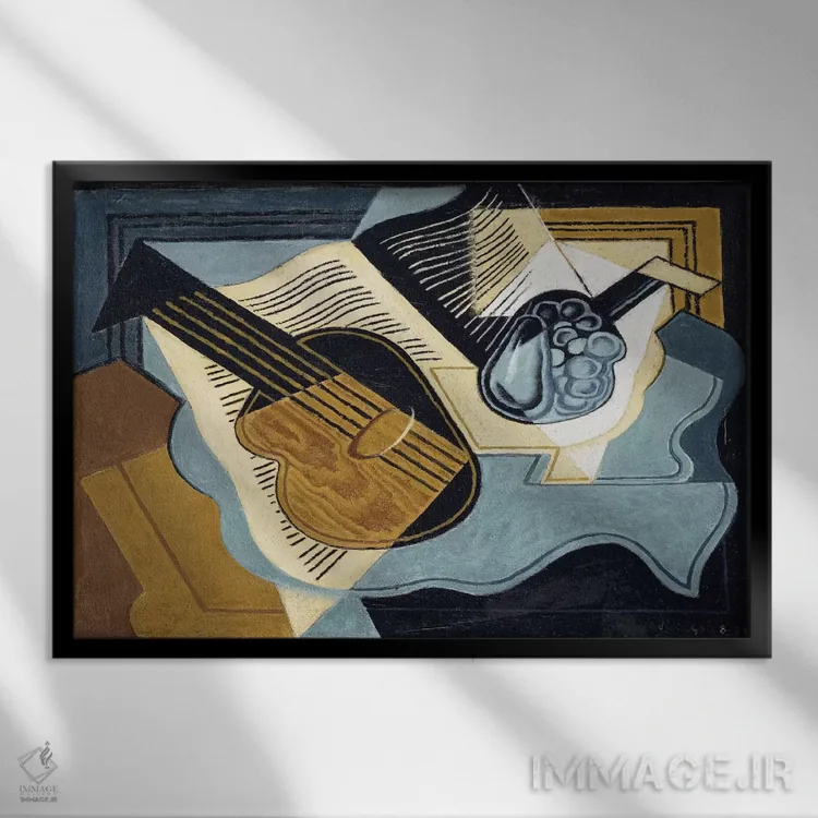 تابلو گیتار و کاسه میوه، ۱۹۲۱ اثر خوان گрис (نقاش کوبیست اسپانیایی) - نمای قابدار مشکی