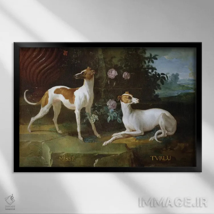 تابلو میسه و تورلو، دو تازی متعلق به لویی پانزدهم (فرانسه) اثر ژان باتیست اودری - نمای قابدار مشکی