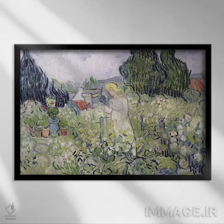 تابلو دوشیزه گاشه در باغ خود در اوور-سور-اواز، ۱۸۹۰ اثر ونسان ون گوگ (نقاش مشهور هلندی پستامپرسیونیسم) - نمای قابدار مشکی