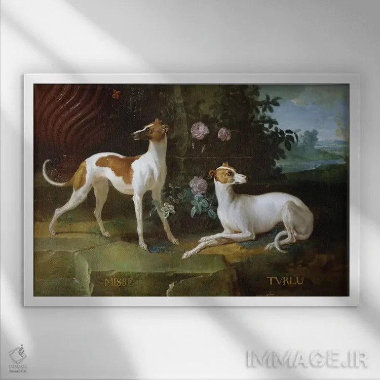 تابلو میسه و تورلو، دو تازی متعلق به لویی پانزدهم (فرانسه) اثر ژان باتیست اودری - نمای قابدار سفید