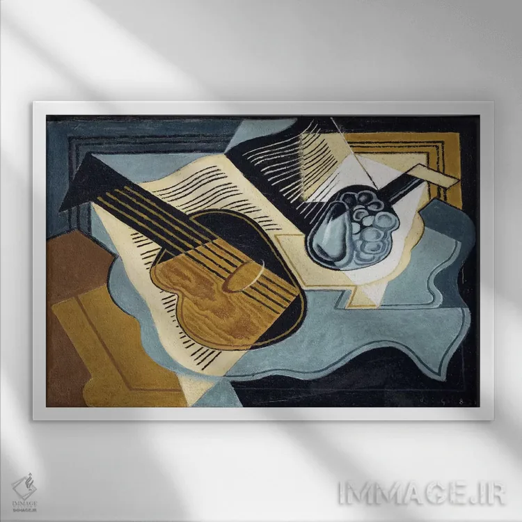 تابلو گیتار و کاسه میوه، ۱۹۲۱ اثر خوان گрис (نقاش کوبیست اسپانیایی) - نمای قابدار سفید