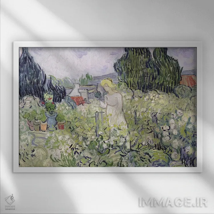 تابلو دوشیزه گاشه در باغ خود در اوور-سور-اواز، ۱۸۹۰ اثر ونسان ون گوگ (نقاش مشهور هلندی پستامپرسیونیسم) - نمای قابدار سفید