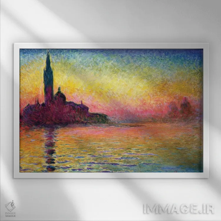 تابلو سان جورجیو مگیوره در غروب، ۱۹۰۸ (موزه ملی ولز، کاردیف) اثر کلود مونه (نقاش معروف فرانسوی) - نمای قابدار سفید