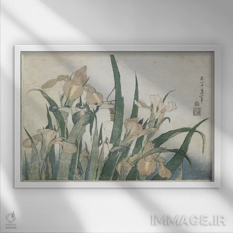 تابلو گلهای زنبق و ملخ، حدود ۱۸۳۰-۱۸۳۱ اثر کاتسوشیکا هوکوسای (نقاش و هنرمند ژاپنی) - نمای قابدار سفید